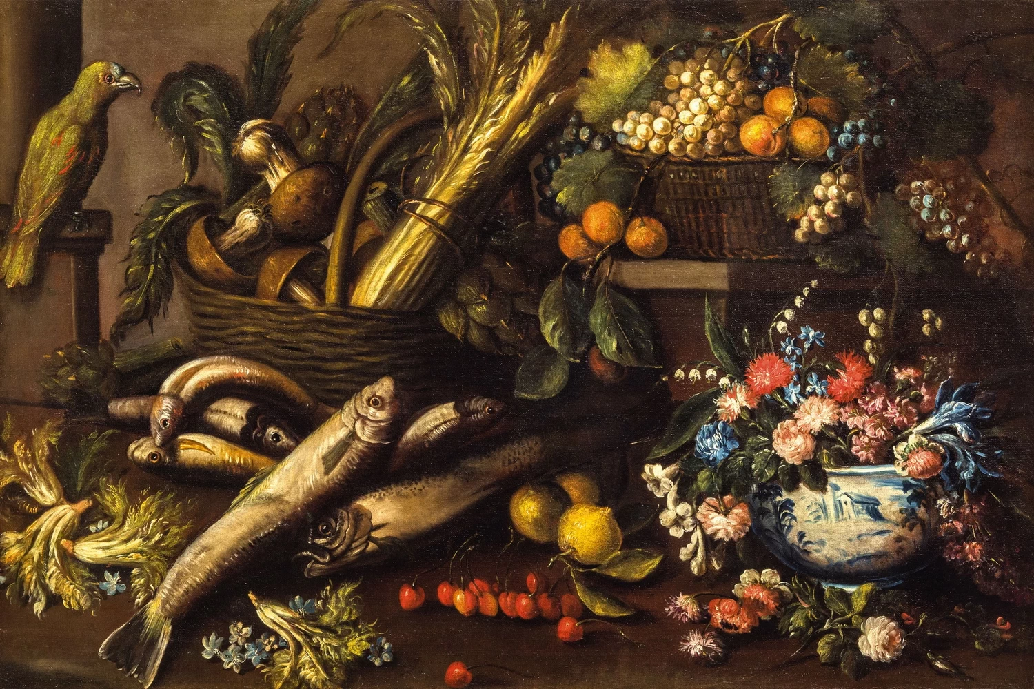Natura morta con pesci, fiori, frutta, verdura e un pappagallo